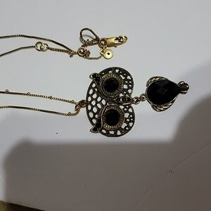Owl necklace black eyes gold tone 2 part